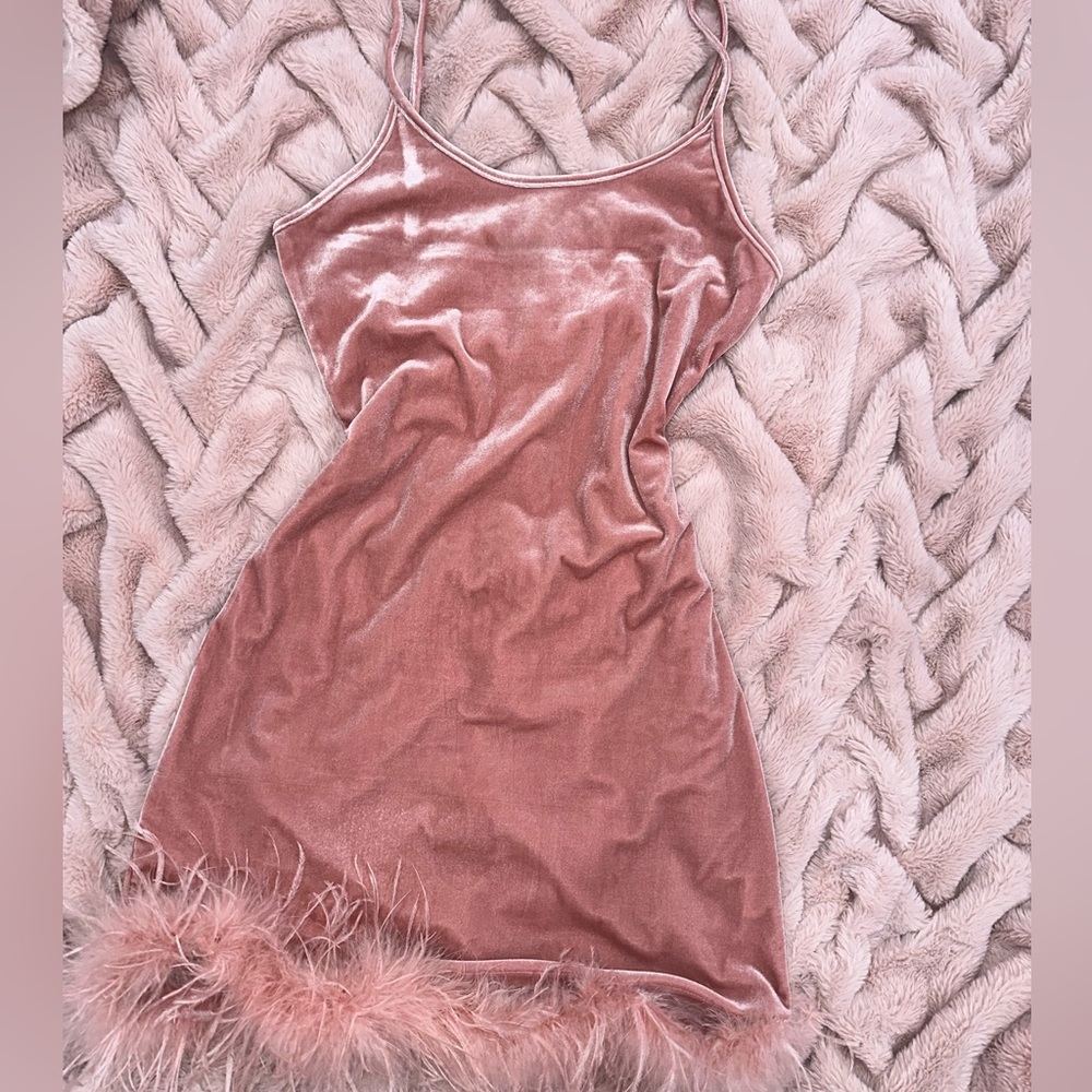Fuzzy Hem Velvet Slip Dress